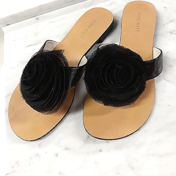 NINE WEST Frayed Chiffon Rose Thong Slides Slip-on Mule Sandals NWT - Picture 2 of 6